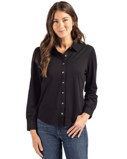 Black Cutter & Buck Advantage Tri-Blend Eco Soft Pique Long Sleeve Knitted Womens Button Up - XS