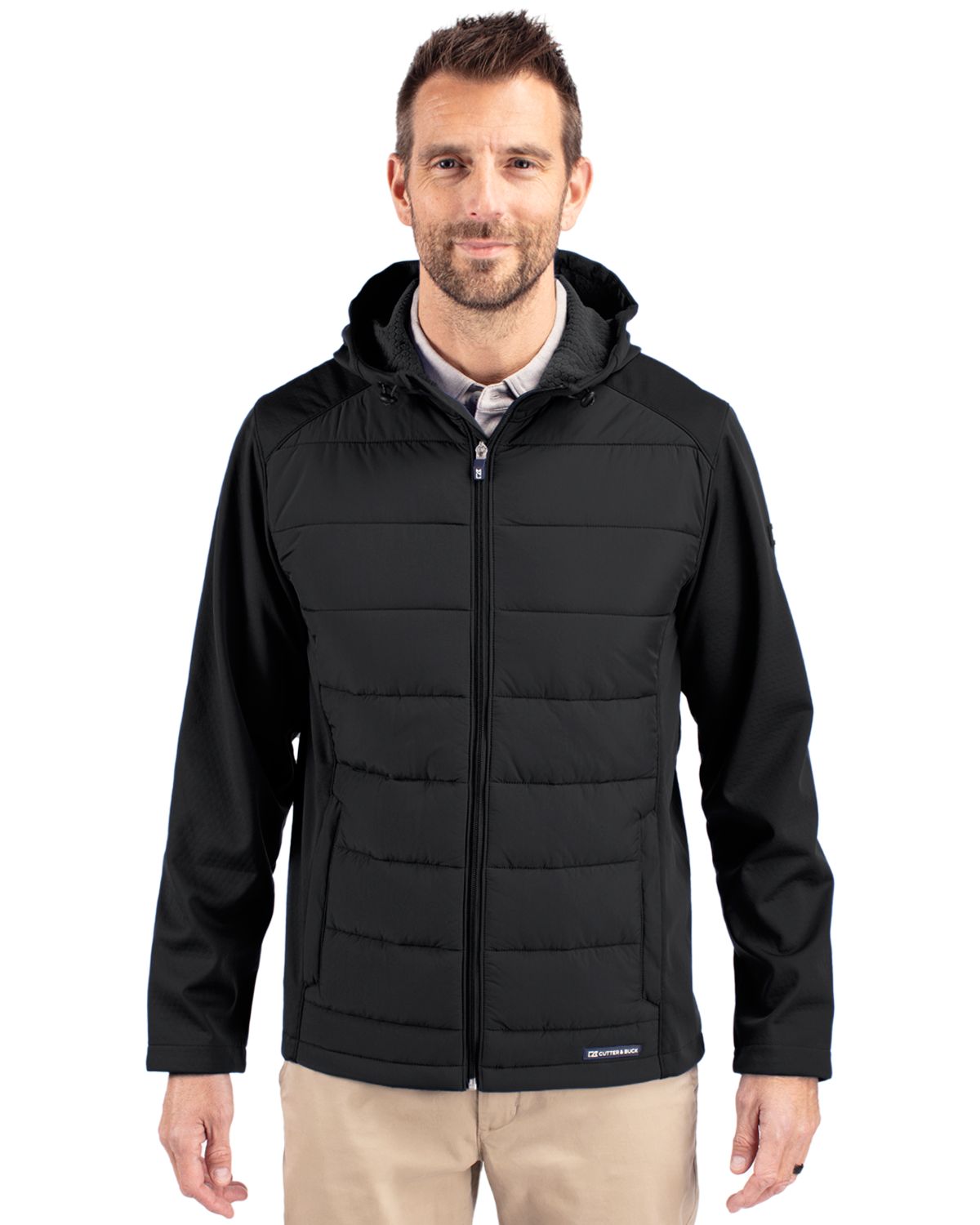 Black Cutter & Buck Evoke Hybrid Eco Softshell Recycled Full Zip Mens Big & Tall Hooded Jacket Big & Tall - LT