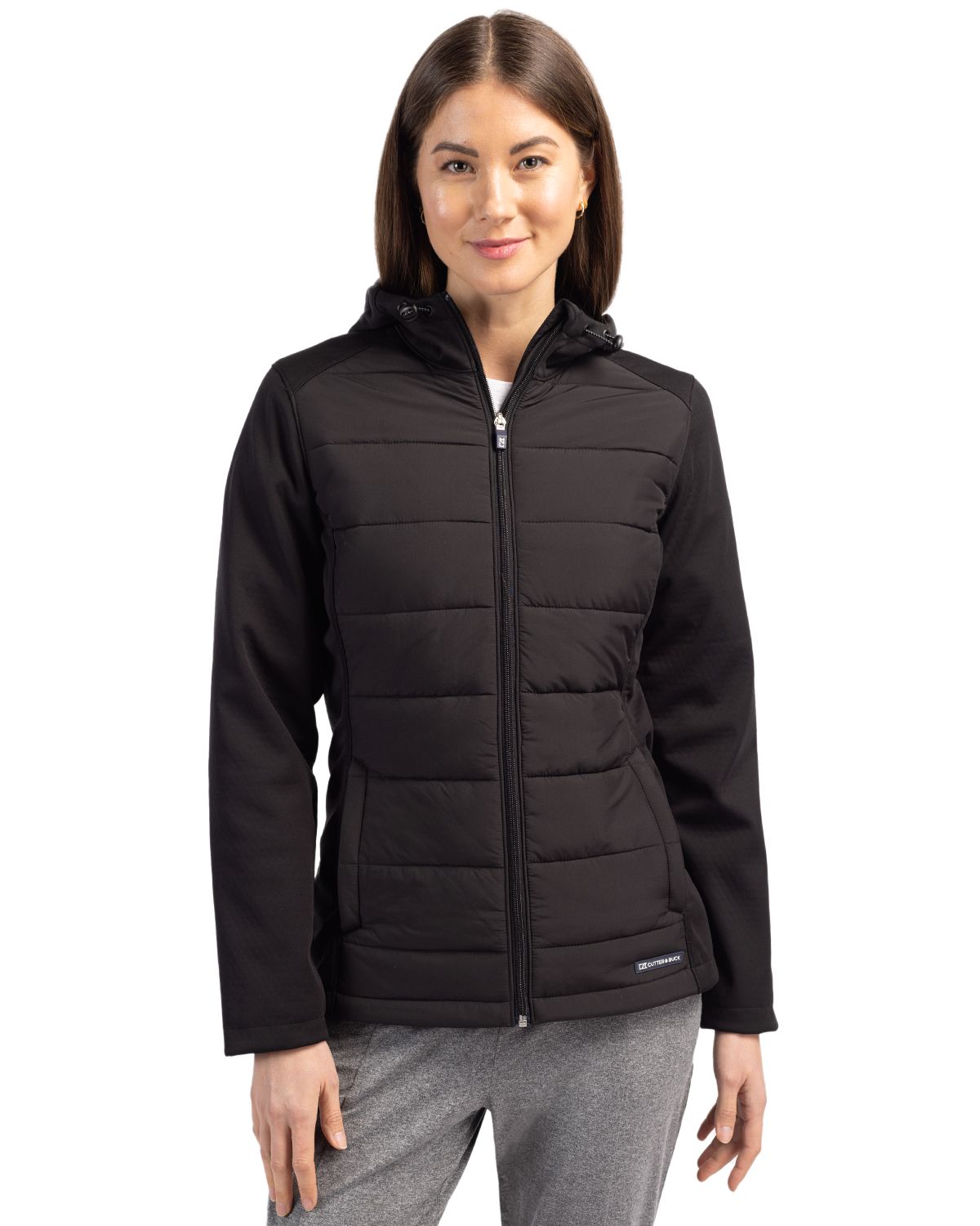 Black Cutter & Buck Evoke Hybrid Softshell Recycled Full Zip Womens Hooded Jacket - XS