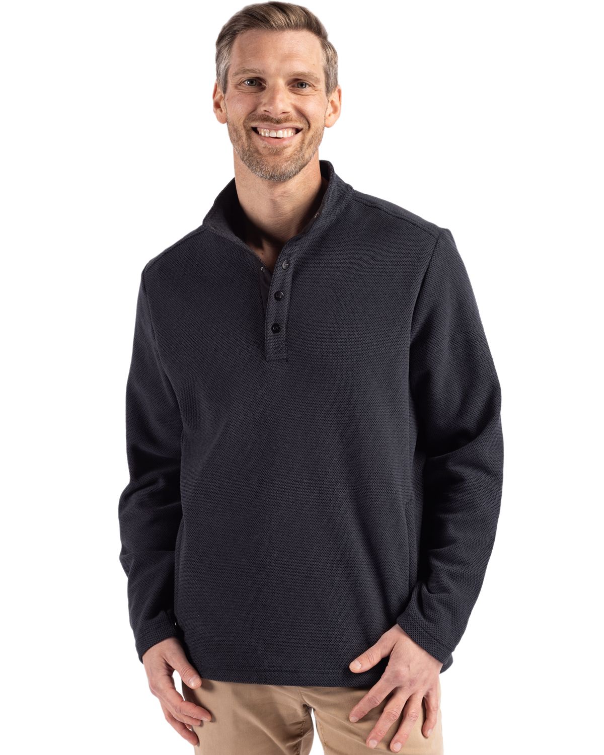 Black Cutter & Buck Hunts Point Eco Textured Fleece Recycled Mens Snap Pullover - S