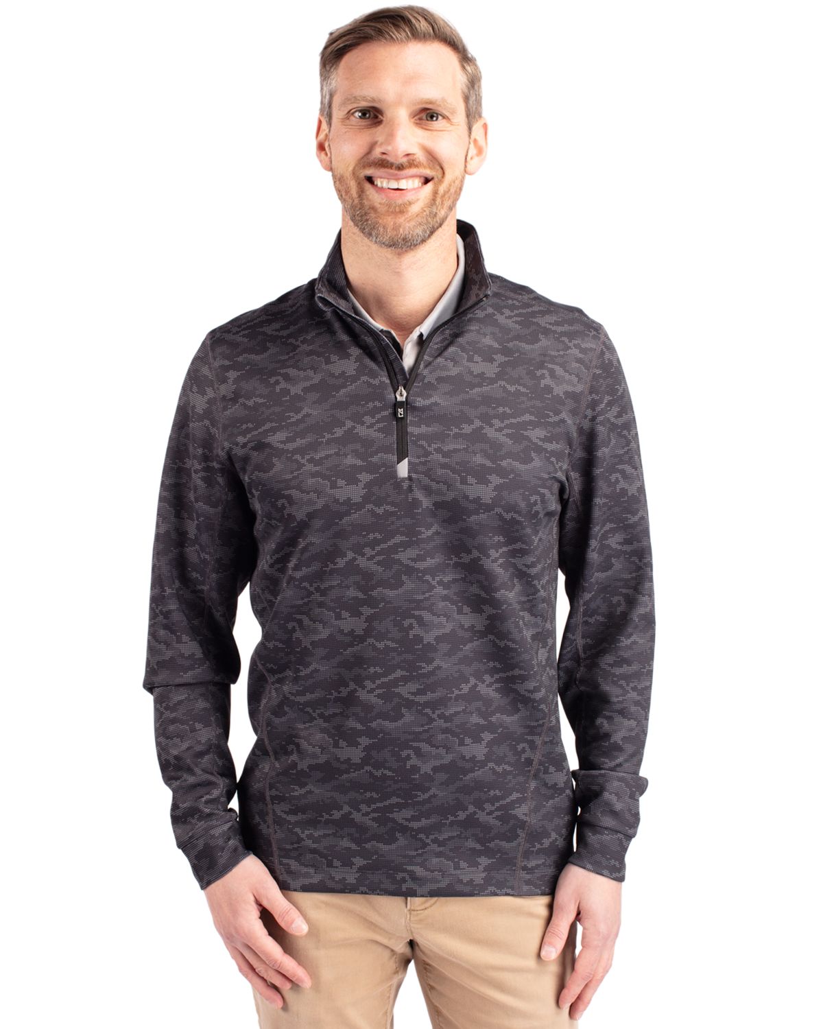 Black Cutter & Buck Traverse Stretch Eco Camo Print Quarter Zip Mens Big and Tall Pullover Big & Tall - LT