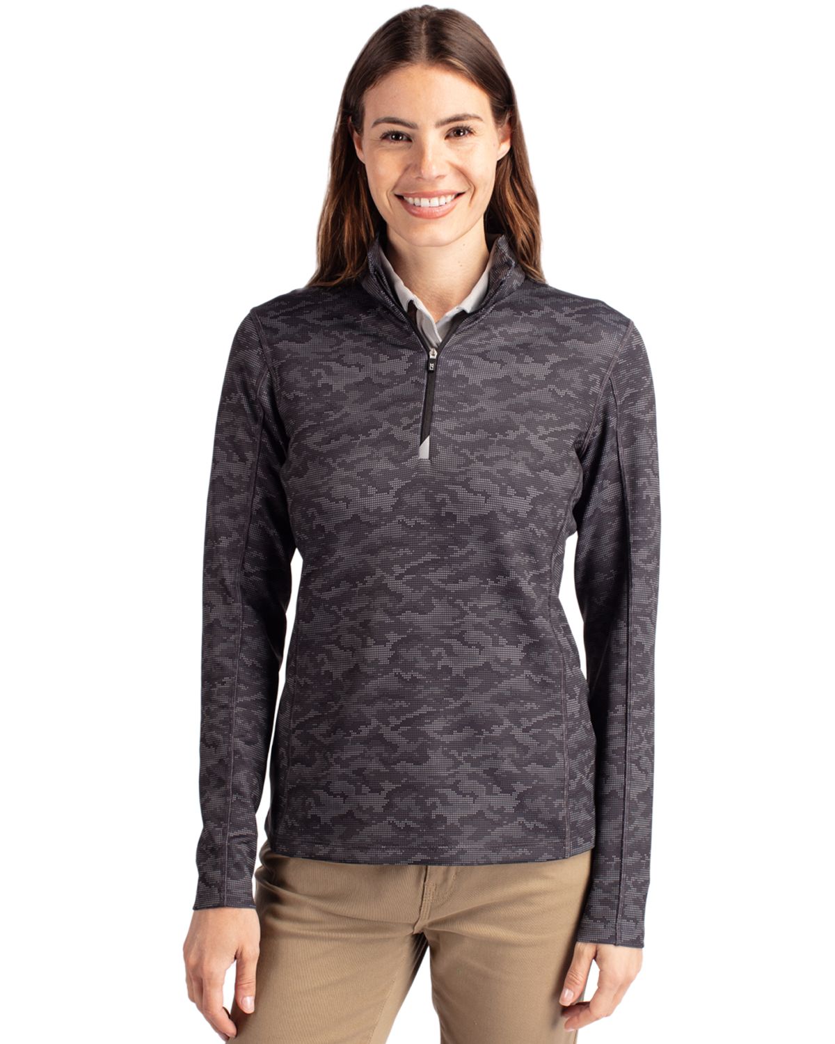 Black Cutter & Buck Traverse Stretch Eco Camo Print Quarter Zip Womens Pullover - XS