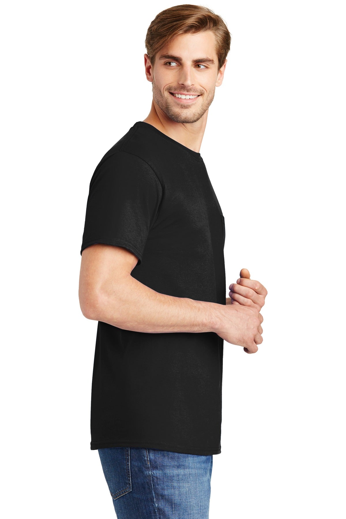 Black Hanes - Authentic 100% Cotton T-Shirt with Pocket. 5590