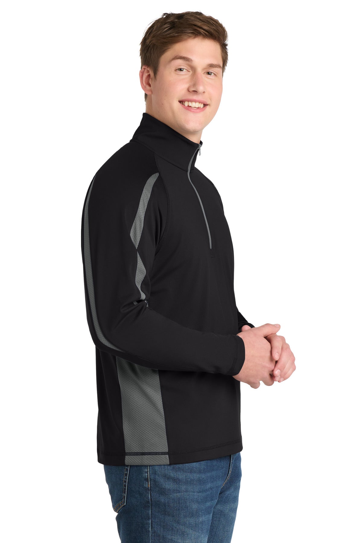 Black/Char Gry Sport-Tek Sport-Wick Stretch 1/2-Zip Colorblock Pullover. ST851