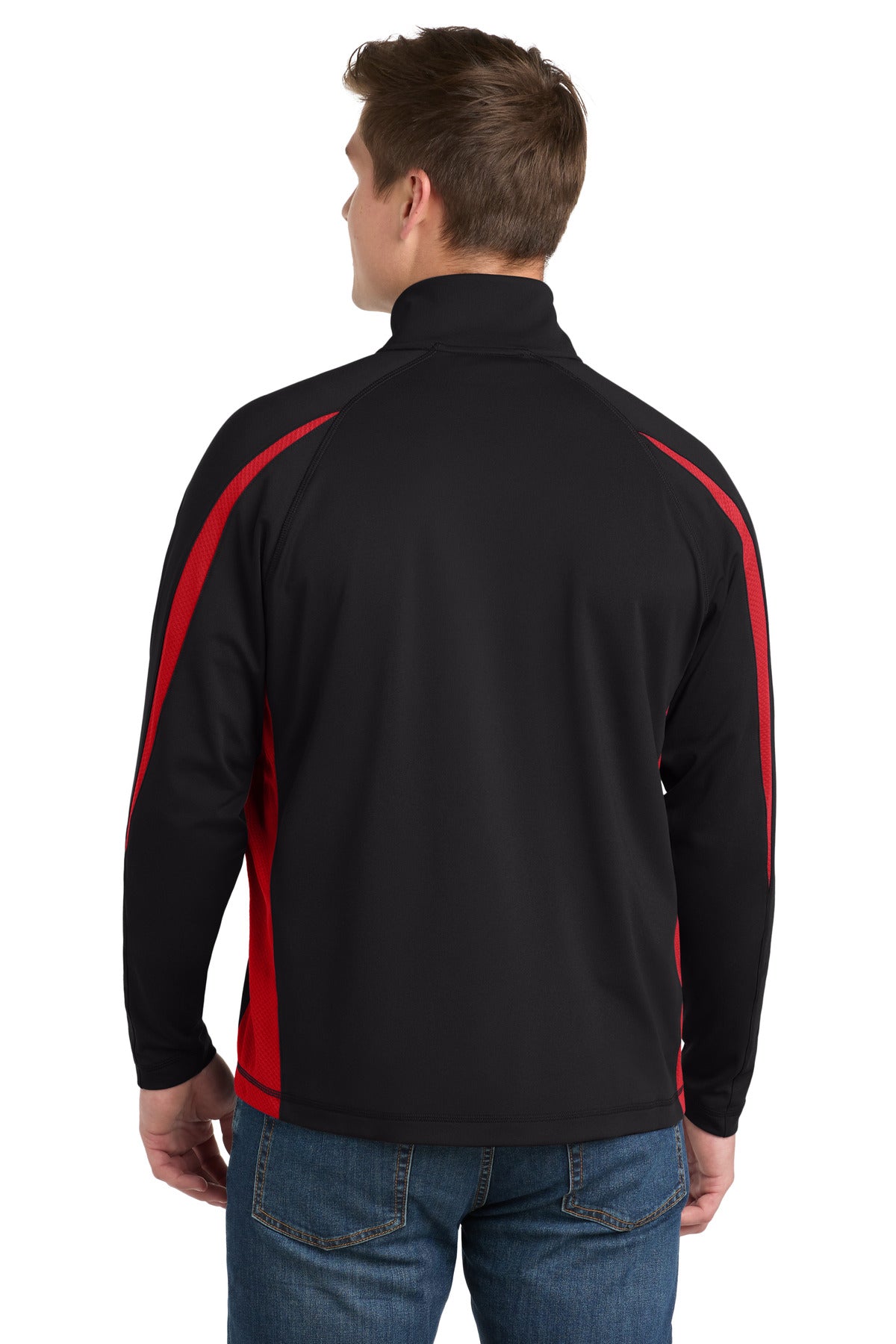 Black/True Red Sport-Tek Sport-Wick Stretch 1/2-Zip Colorblock Pullover. ST851
