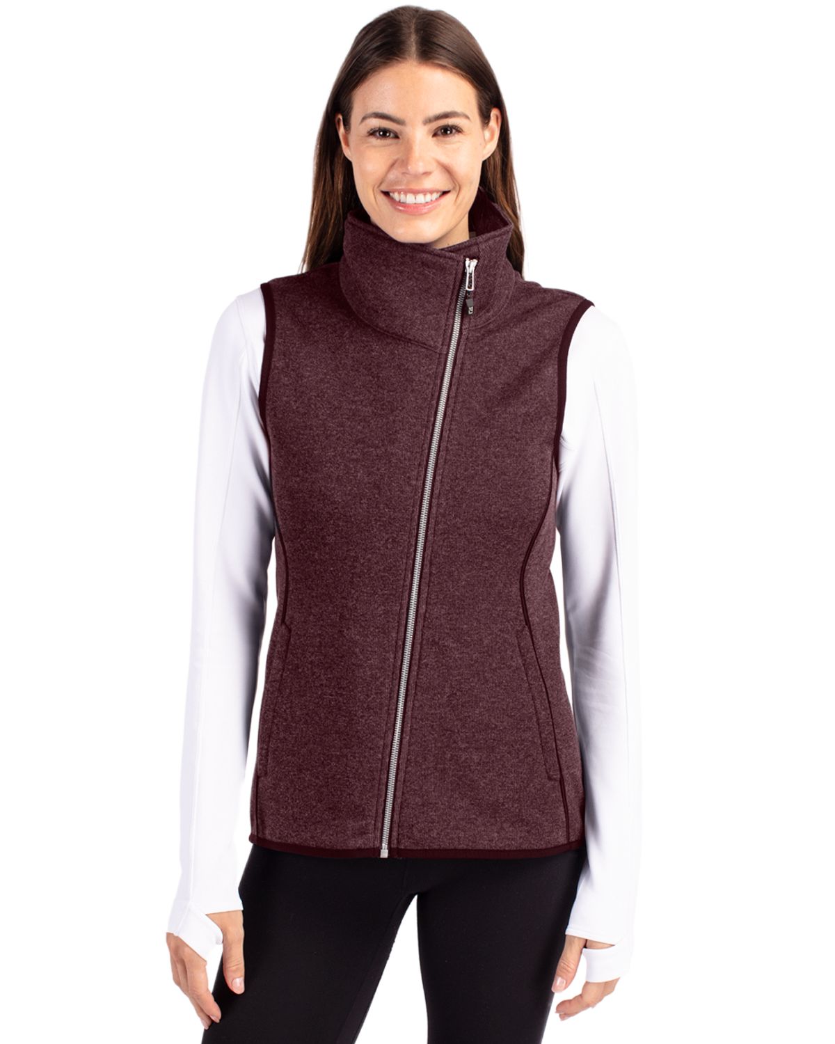 Bordeaux Heather Cutter & Buck Mainsail Sweater Knit Womens Asymmetrical Vest - XS