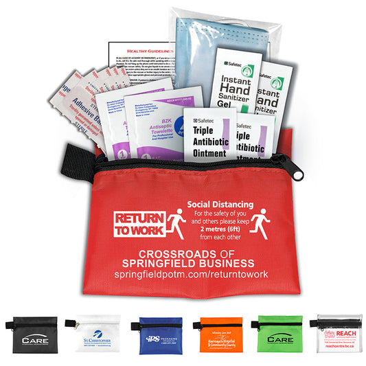 Bixby Plus San" 13 Piece Mask & Sanitizing Safety Kit inserted into Zipper Pack