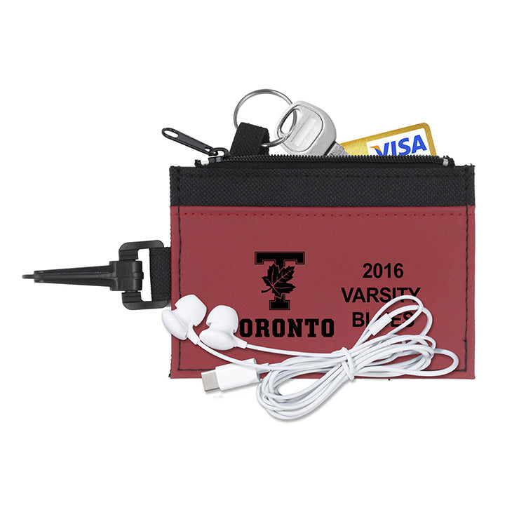 Mobile Tech Earbud Kit in Travel ID Wallet Components inserted into Zipper Pouch ID Wallet