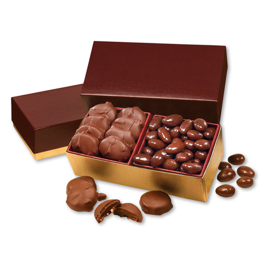 Caramel Pecan Clusters & Chocolate Almonds in Burgundy & Gold Gift Box