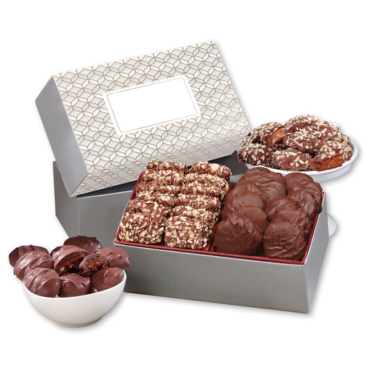 Toffee & Pecan Clusters in Gift Box with Silver & Gold Geometric Sleeve