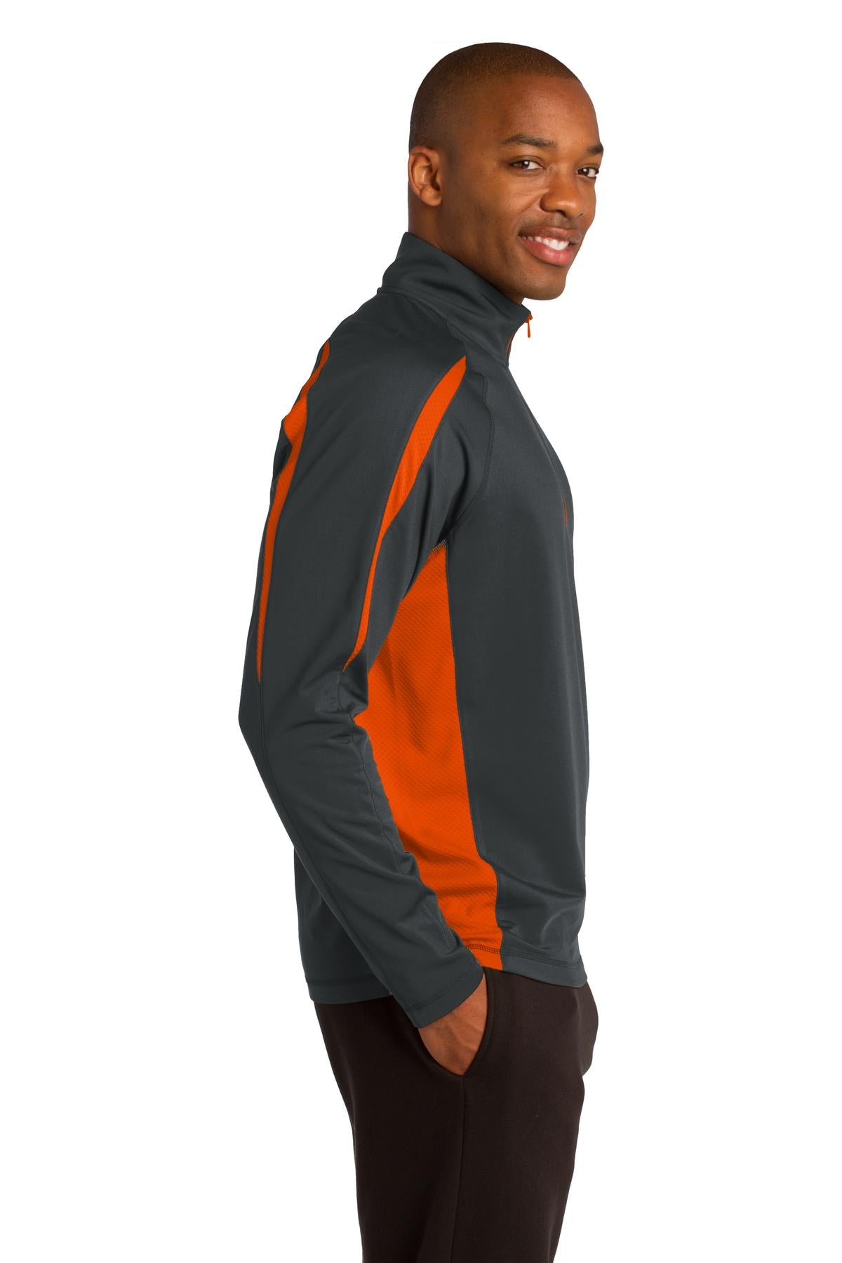 Char Gry/Dp Or Sport-Tek Sport-Wick Stretch 1/2-Zip Colorblock Pullover. ST851