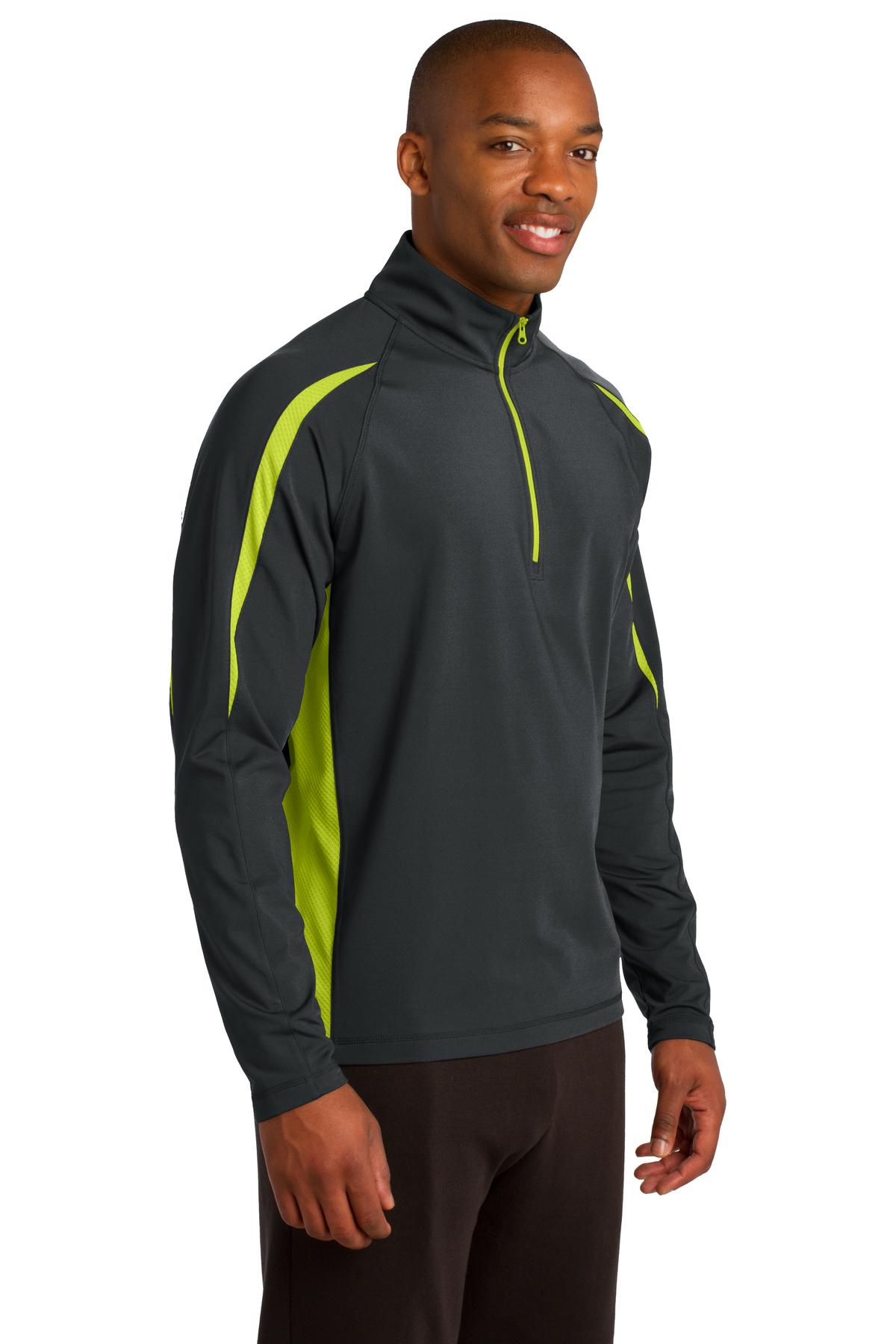 Char Gry/Green Sport-Tek Sport-Wick Stretch 1/2-Zip Colorblock Pullover. ST851