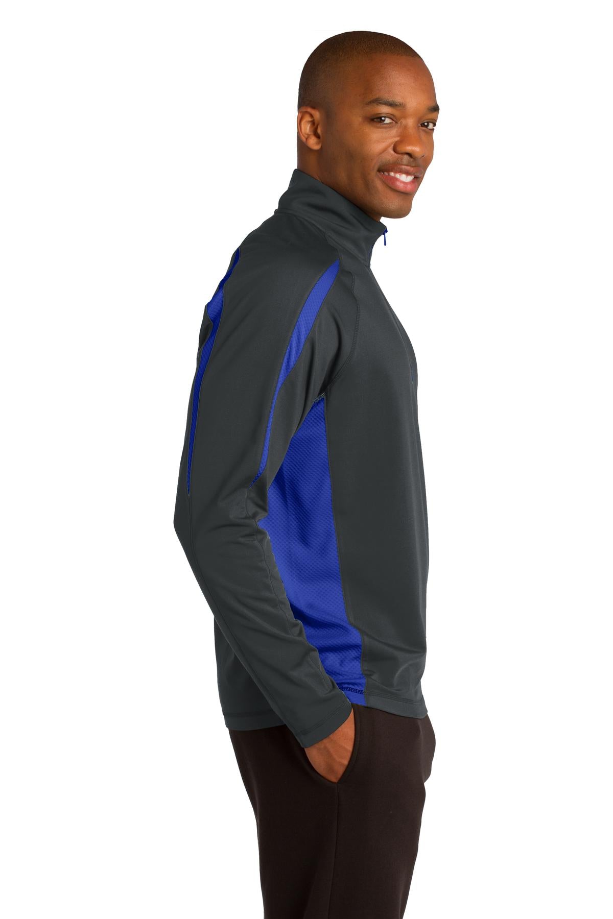 Char Gry/TrRyl Sport-Tek Sport-Wick Stretch 1/2-Zip Colorblock Pullover. ST851