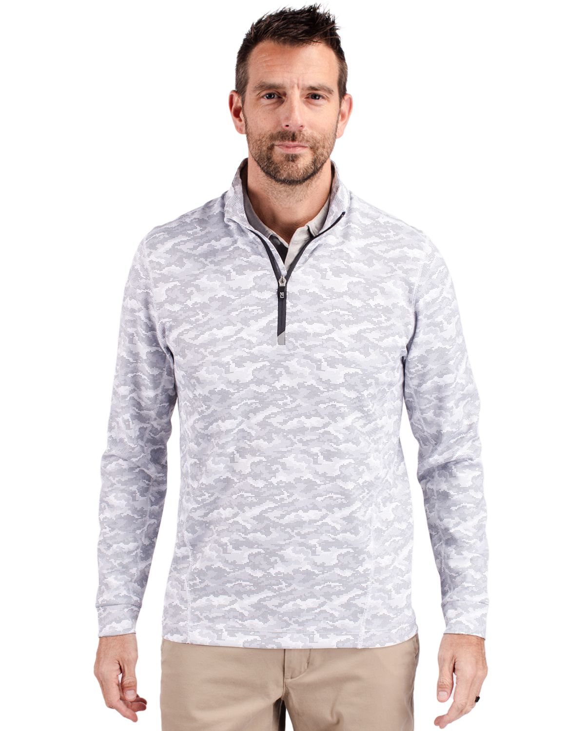 Charcoal Cutter & Buck Traverse Stretch Eco Camo Print Quarter Zip Mens Pullover - S