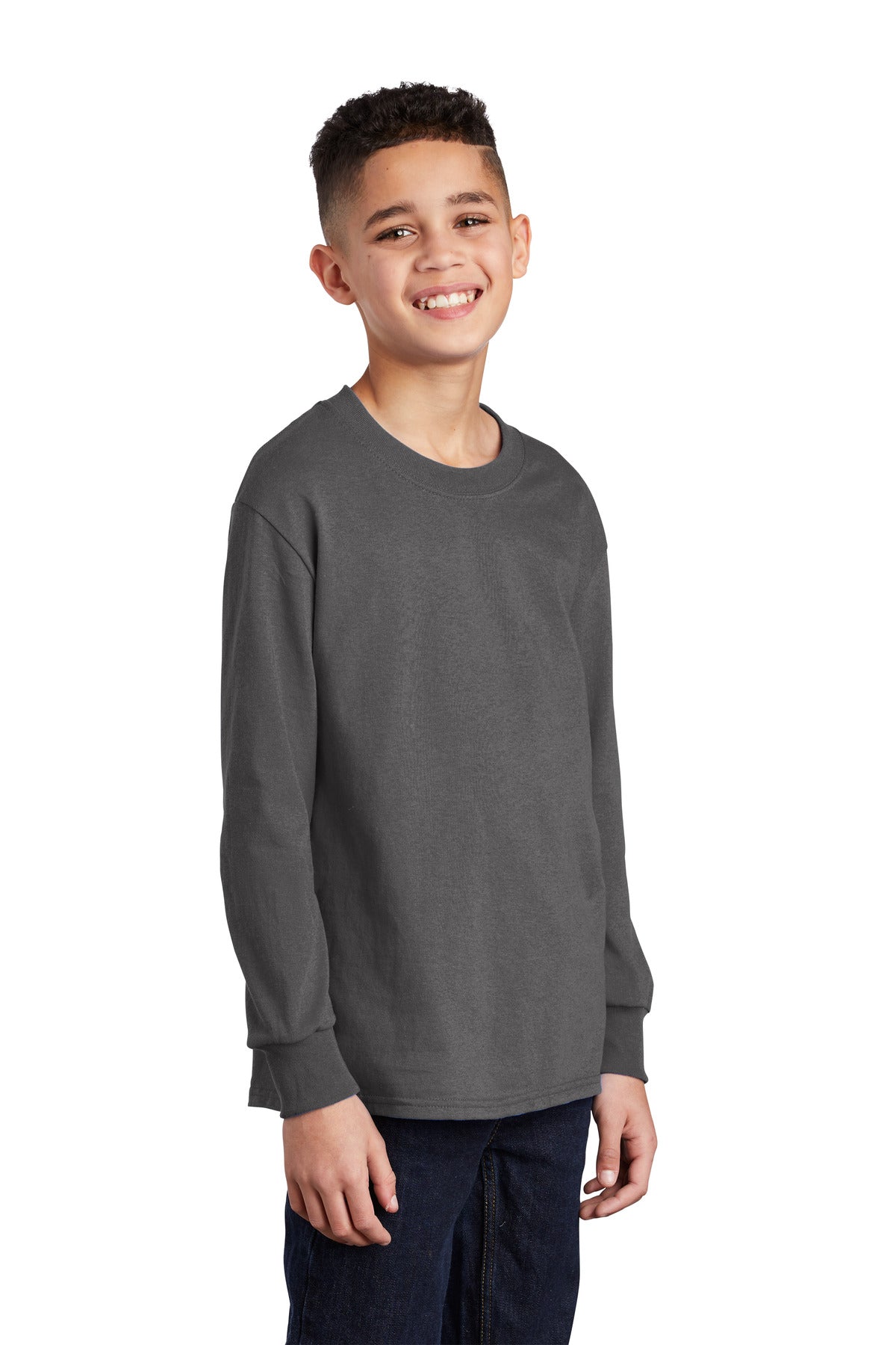 Charcoal Port & Company Youth Long Sleeve Core Cotton Tee. PC54YLS