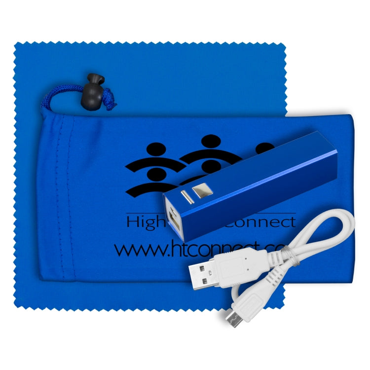 Mobile Tech Metal Power Bank Kit in Microfiber Cinch Pouch Components inserted into Microfiber Pouch