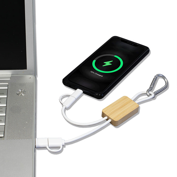 “LISBON” 5-in-1 Bamboo Cell Phone Charging Cable w/Carabiner