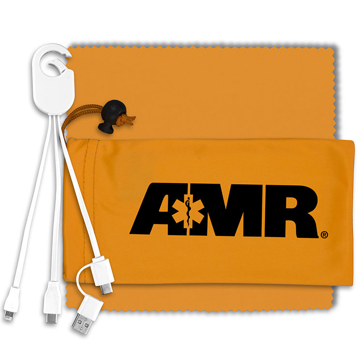 "RECHARGE PACK" Mobile Tech Charging Cable Kit in Microfiber Cinch Pack Components