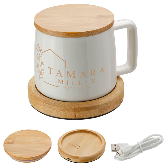 White Bamboo Mug Warmer with 8 oz Ceramic Mug