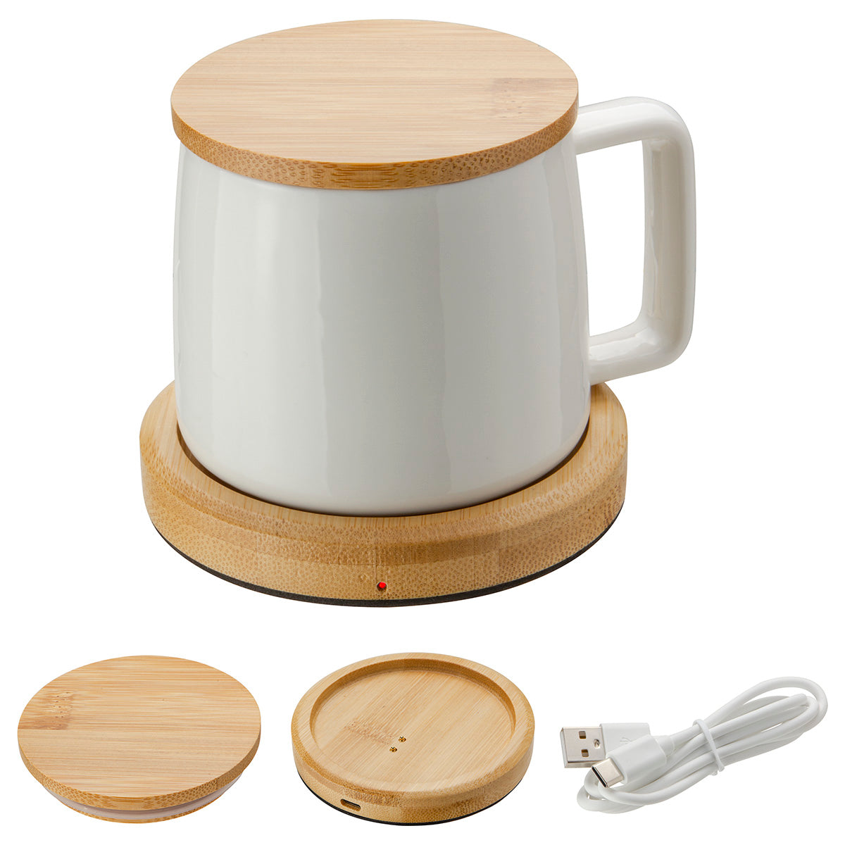 White Bamboo Mug Warmer with 8 oz Ceramic Mug