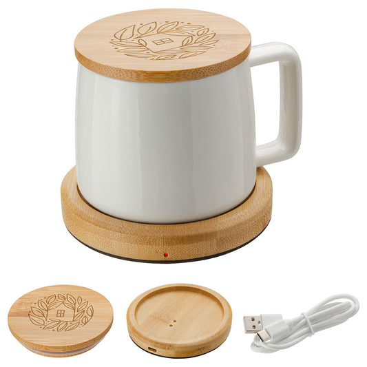 White Bamboo Mug Warmer with 8 oz Ceramic Mug