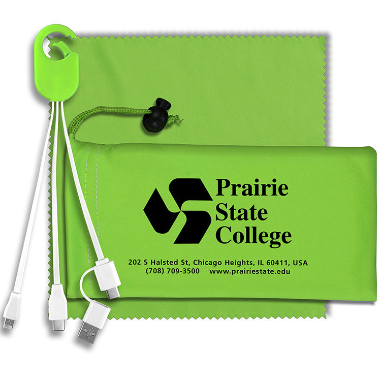 "RECHARGE PACK" Mobile Tech Charging Cable Kit in Microfiber Cinch Pack Components