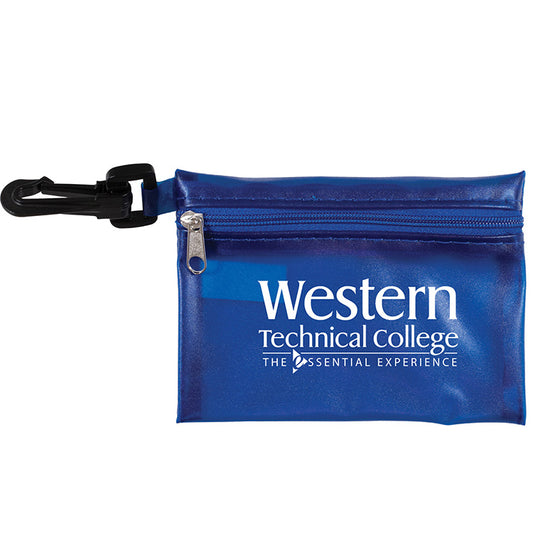 "TROUTDALE" 13 Piece First Aid Kit inTranslucent Zipper Kit with Plastic Carabiner Attachment