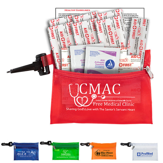 Trans Red "TROUTDALE" 13 Piece First Aid Kit inTranslucent Zipper Kit with Plastic Carabiner Attachment
