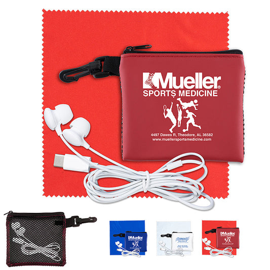 “TechMesh Tunes” Mobile Tech Earbud Kit in Mesh Zipper Pouch Components inserted into Zipper Pouch