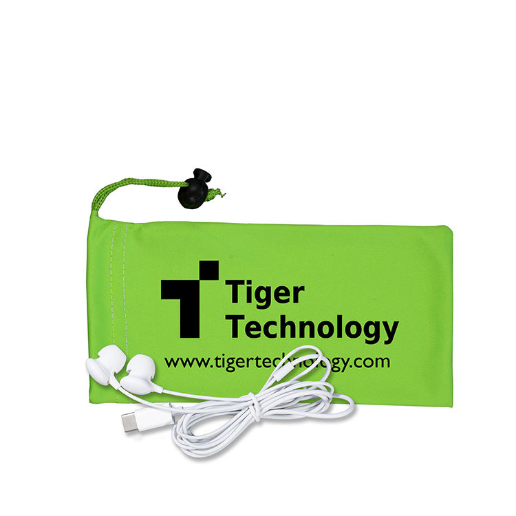 Mobile Tech Earbud Kit in Microfiber Cinch Pouch Components inserted into Microfiber Pouch
