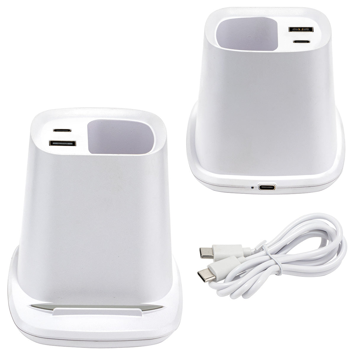 White Annex Wireless Charging Stand with Dual Ports & Pen Holder