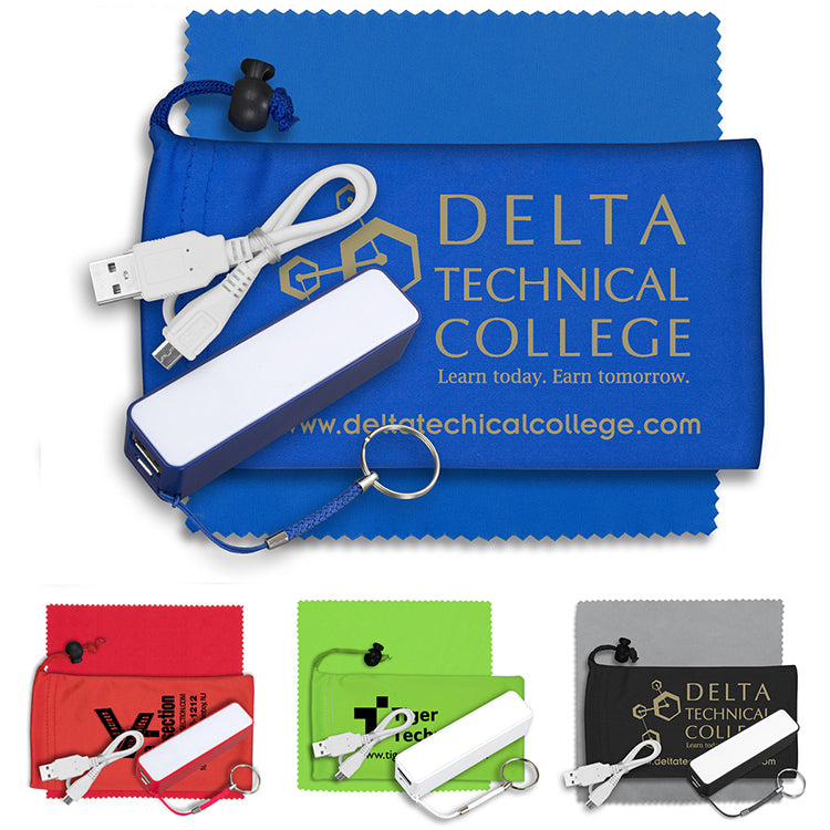 Red Mobile Tech Power Bank Accessory Kit in Microfiber Cinch Pouch