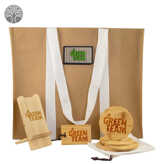 Eco Gift Set with Kraft Tote, Bamboo Charger & Drink Coaster Set