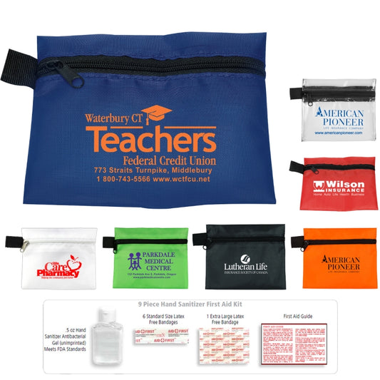 “SaniTime” 9 Piece Hand Sanitizer Healthy Living Pack in Zipper Pouch Components inserted into Zippe