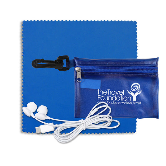 Earbud Tech Kit with Microfiber Cleaning Cloth In Translucent Carabiner Zipper Pouch