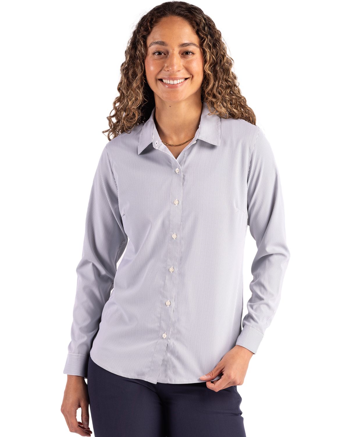 Elemental Grey/White Cutter & Buck Skyline Epic Confidence Recycled Pinstripe Womens Long Sleeve Dress Shirt - XS