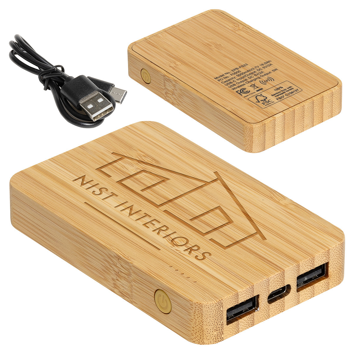 Bamboo FSC® Bamboo 5000mAh Dual Port Power Bank with Wireless Charger