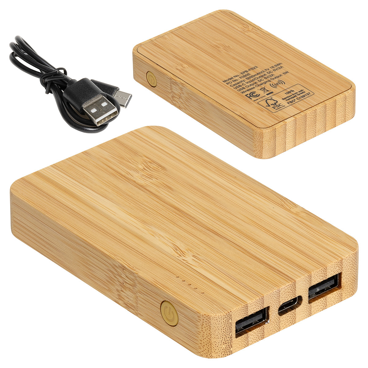 Bamboo FSC® Bamboo 5000mAh Dual Port Power Bank with Wireless Charger