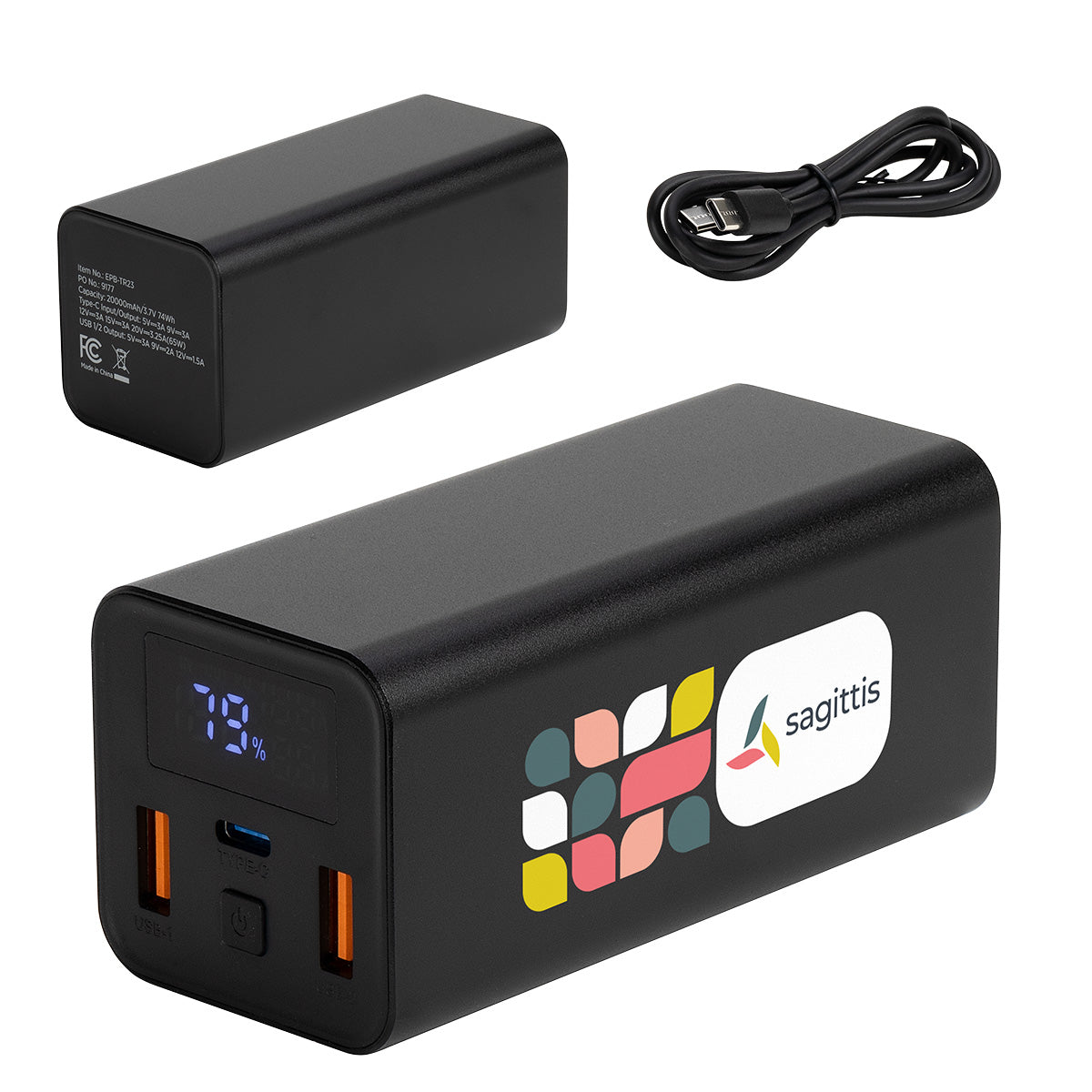 Black Touring 20000mAh 65W PD Power Bank with Type-C & Dual USB Ports
