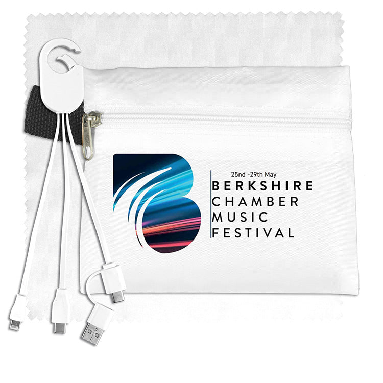 Mobile Tech Charging Cables In Zipper Pouch Components inserted into Polyester Zipper Pouch