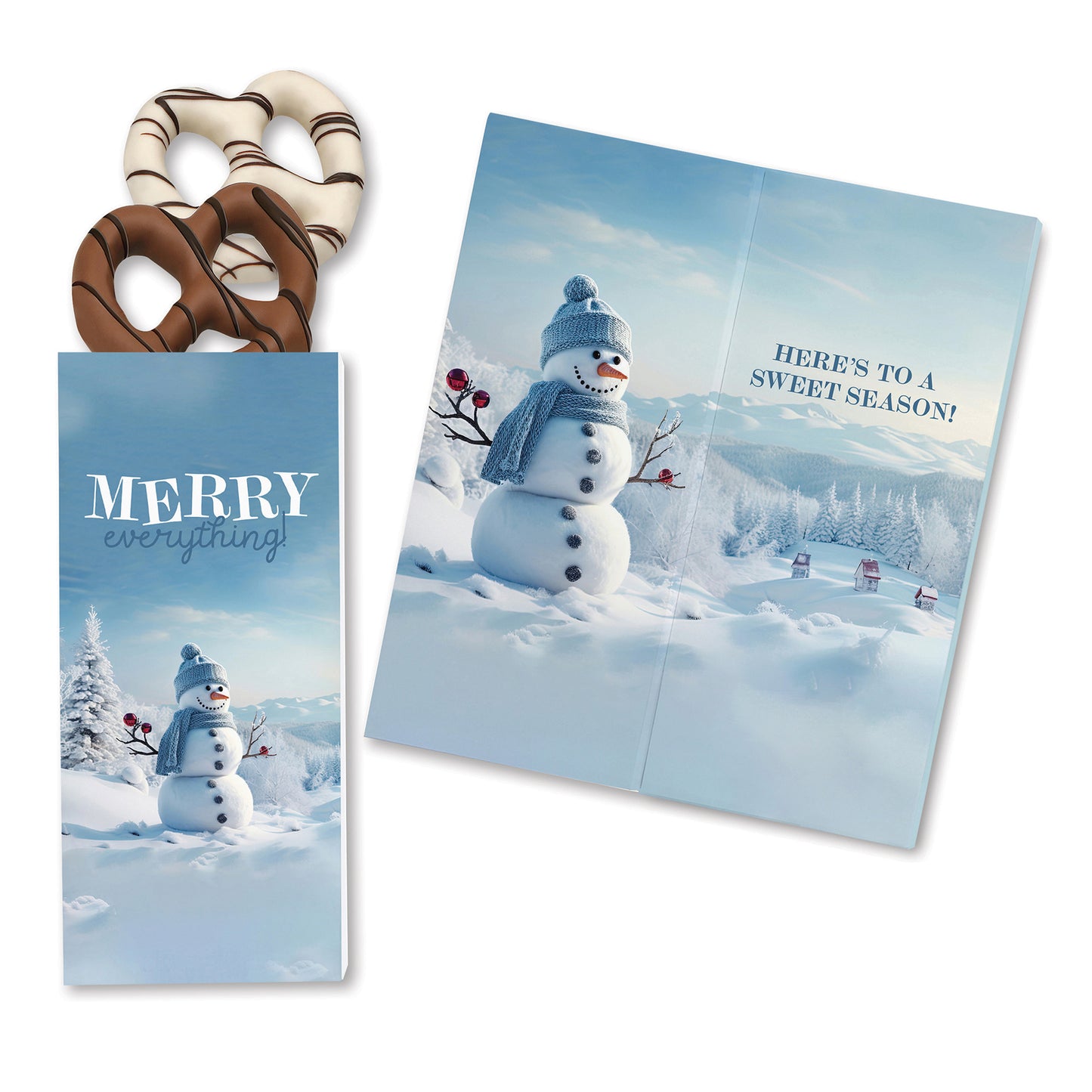 One Color Foil-Stamped Stock Snowman Sweeter Cards with Chocolate Dipped Pretzels