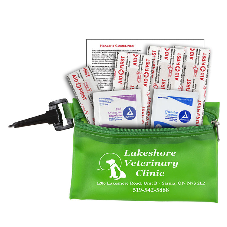 "PARKWAY 7" Piece First Aid Kit inTranslucent Zipper Kit with Plastic Carabiner Attachment