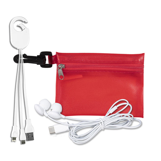 "Cambell" Mobile Tech Earbud and Charging Cables Kit In Translucent Carabiner Zipper Pouch