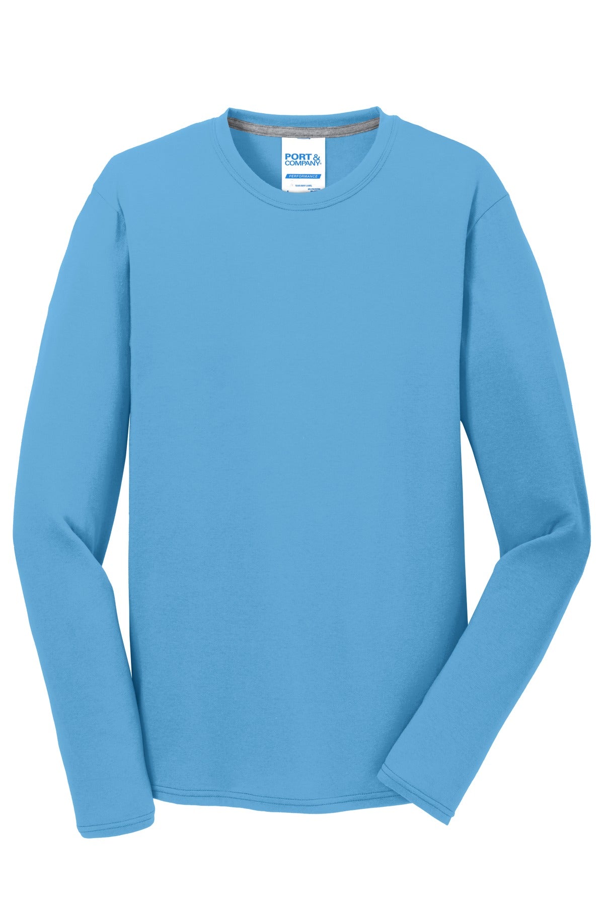 Front View of Aquatic Blue Port & Company Long Sleeve Performance Blend Tee. PC381LS