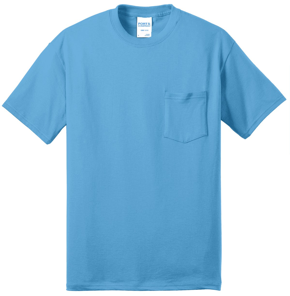 Front View of Aquatic Blue Port & Company Tall Core Blend Pocket Tee. PC55PT