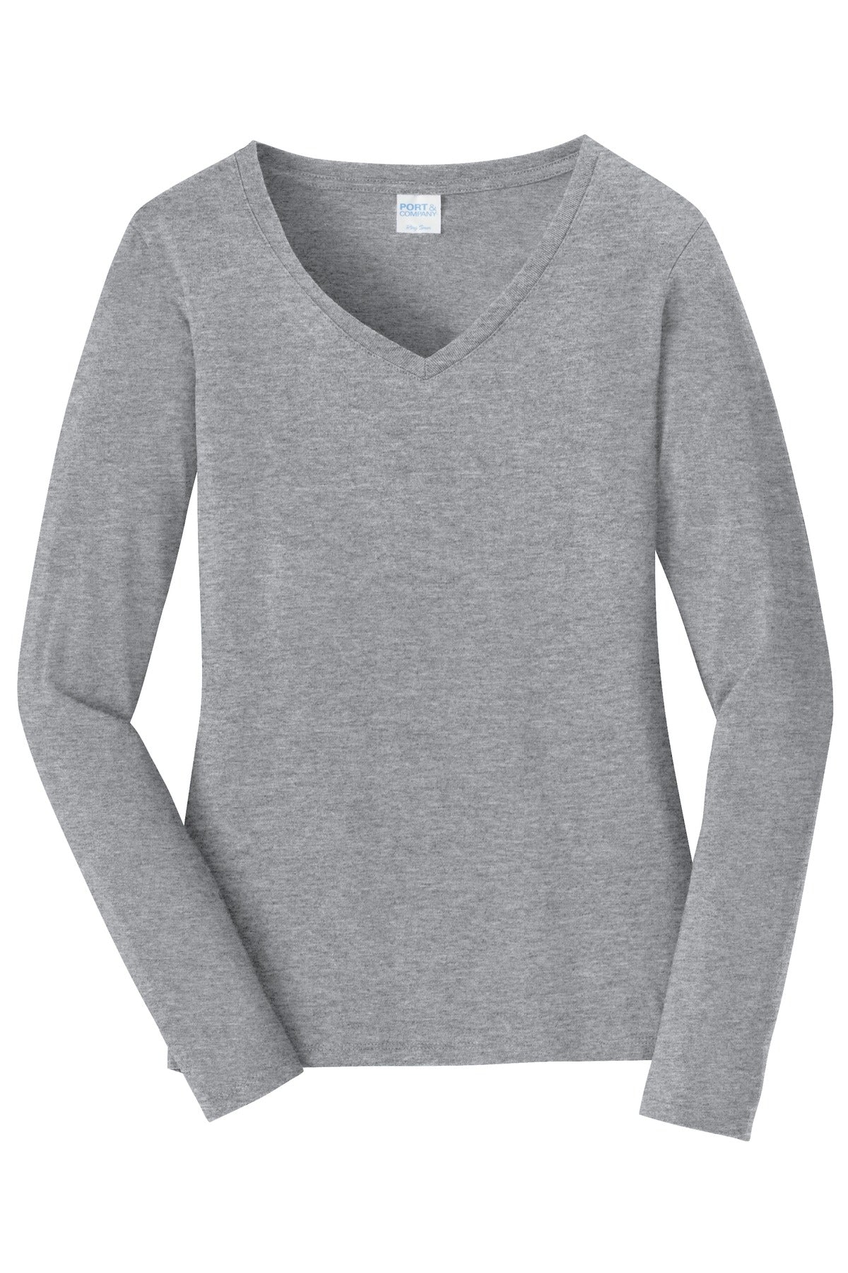 Front View of Athletic Hthr Port & Company Women's Long Sleeve Fan Favorite V-Neck Tee. LPC450VLS