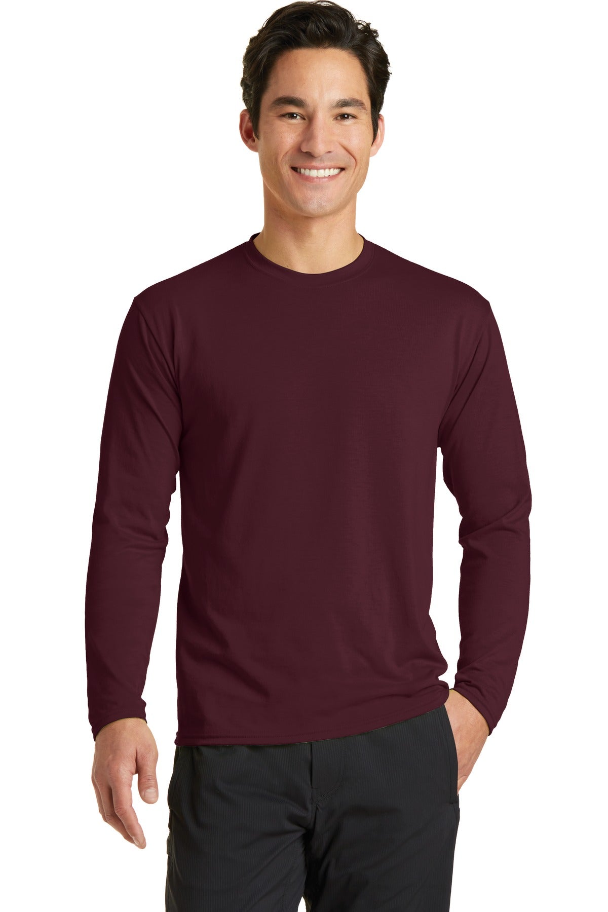 Front View of Athletic Mar Port & Company Long Sleeve Performance Blend Tee. PC381LS