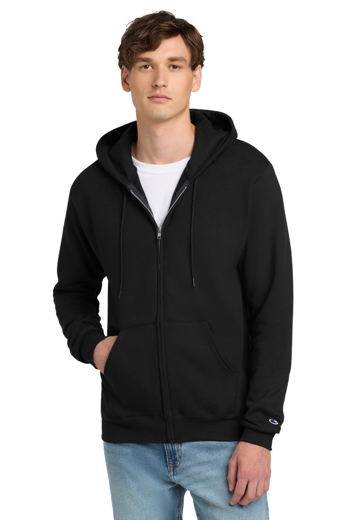 Front View of Black Champion Powerblend Full-Zip Hoodie.S800