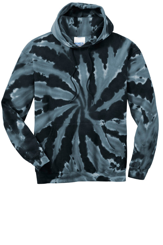 Front View of Black Port & Company Tie-Dye Pullover Hooded Sweatshirt. PC146