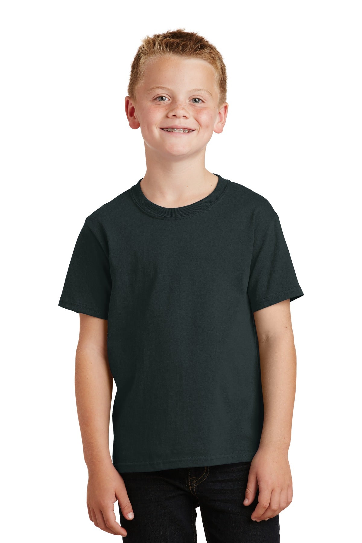 Front View of Black Port & Company Youth Beach Wash Garment-Dyed Tee. PC099Y